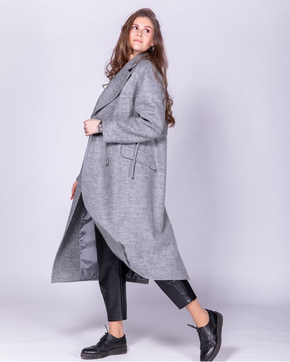 Длинное стильное двубортное шерстяное пальто