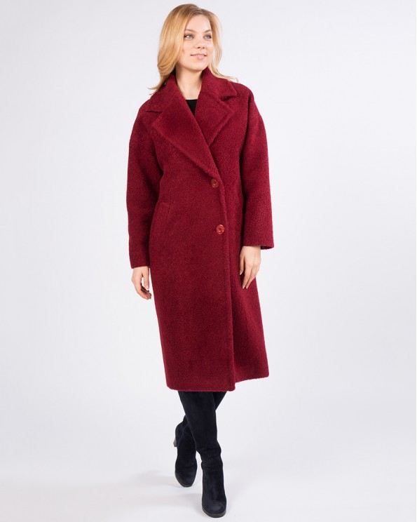 Утепленное пальто тедди бордового цвета