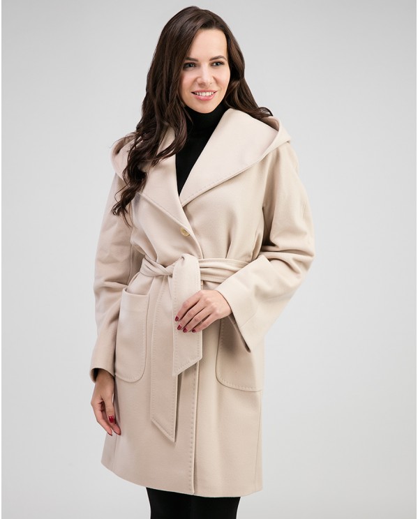 Бежевое женское пальто из 100% шерсти с капюшоном