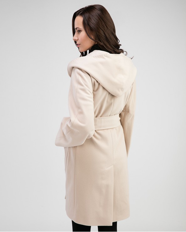 Бежевое женское пальто из 100% шерсти с капюшоном