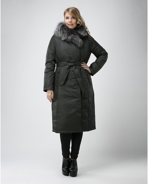 Женское пальто пуховик с мехом чернобурки